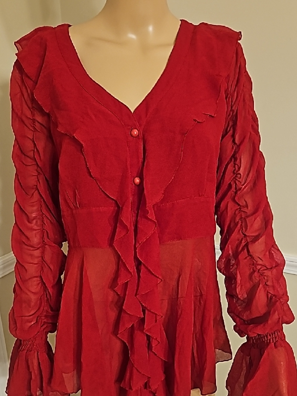 Red Ruffled Sheer Blouse - Picture 2 of 5